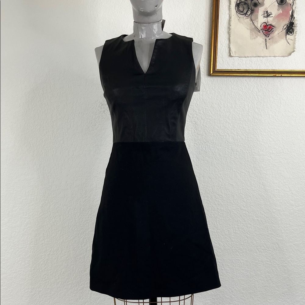 Theory Alinea Stretch Leather Sleeveless Wool Mixed Media Sheath Dress in Black